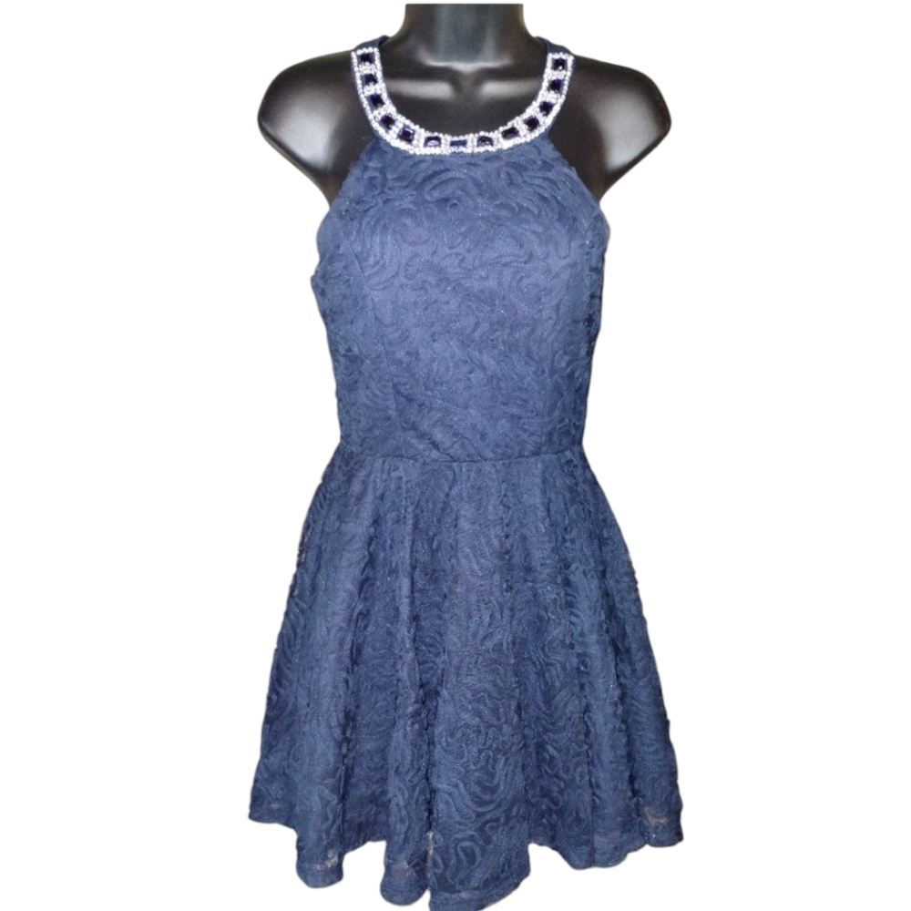 Trixxi Dark Blue Lace halter dress with jeweled collar, aline skirt, size 1,